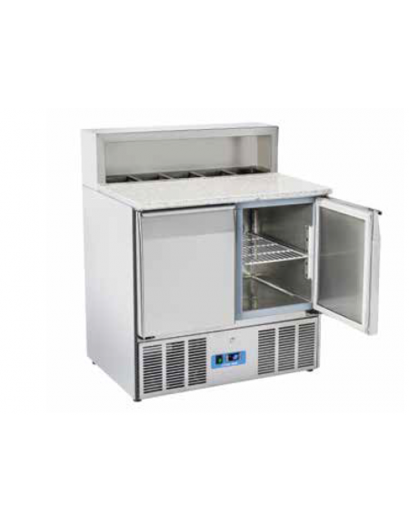 Mini banco pizza refrigerato inox, 2 sportelli GN, piano di lavoro in granito - refrigerazione statica +0°/+8°C - cm 90x70x109h