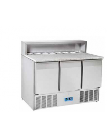 Mini banco pizza inox AISI 304, 3 sportelli GN - parte superiore con piano di lavoro in granito - mm 1365x700x1092h