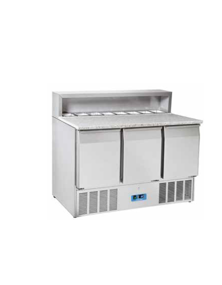 Mini banco pizza refrigerato inox, 3 sportelli GN, piano lavoro in granito - refrigerazione statica +0°/+8°C - cm 136,5x70x109h