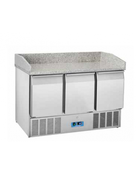 Mini banco pizza refrigerato inox AISI 304, 3 sportelli GN - parte superiore con piano di lavoro in granito - mm 1400x700x1022h