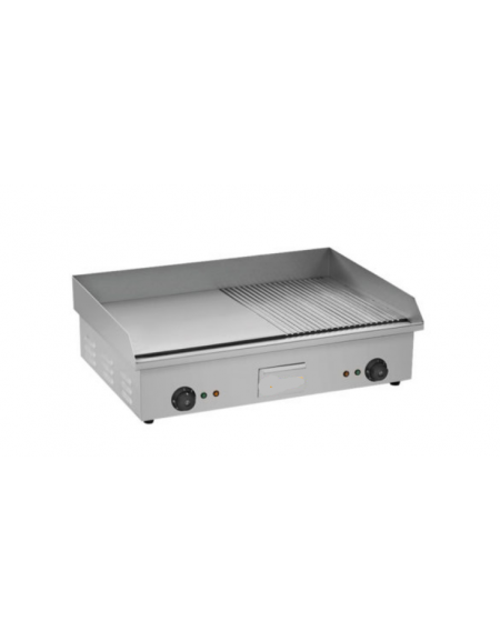 Piastra grill liscia/rigata da appoggio in acciaio inox con vassoio raccogligrasso - mm 735x500x240h