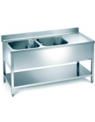 Lavello inox 2 vasche + gocciolatoio destro con ripiano di fondo - Dimensioni cm.180x60x85h