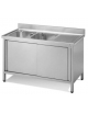 Lavello armadiato inox con ante scorrevoli 2 vasche + gocciolatoio destro - Dimensioni cm 180x60x85/90h