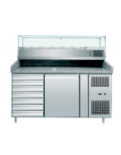 Banco pizza  - 1 porta - top in granito - 7 cassetti e vetrina predisposta per 5 bacinelle GN1/3 + 1 GN1/2 -  L1510xP800xH1000mm