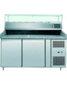 Banco pizza refrigerato ventilato - 2 porte - piano in granito e vetrina per 5 bacinelle GN1/3 + 1 GN1/2 - mm L 1510x800x1000h