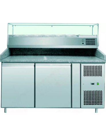 Banco pizza refrigerato ventilato - 2 porte - piano in granito e vetrina per 5 bacinelle GN1/3 + 1 GN1/2 - mm L 1510x800x1000h