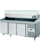 Banco pizza refrigerato ventilato, 3 porte - piano in granito e vetrina per 9 bacinelle GN1/3 - mm 2025x800x1000h