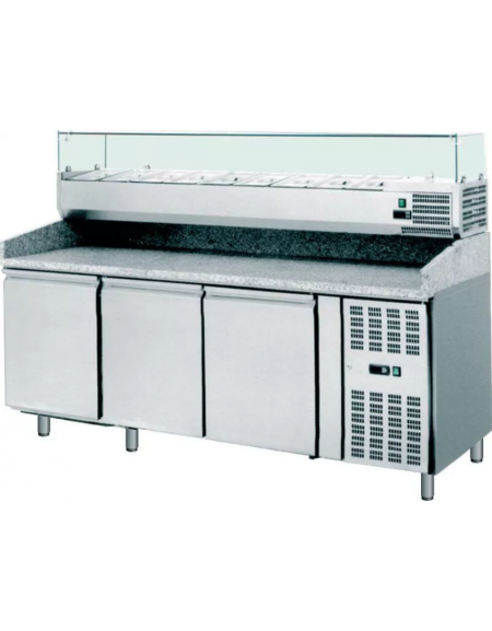 Banco pizza refrigerato ventilato, 3 porte - piano in granito e vetrina per 9 bacinelle GN1/3 - mm 2025x800x1000h