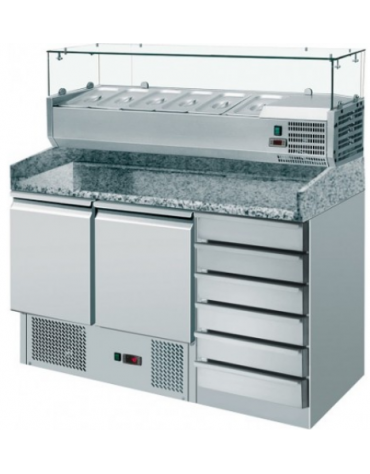 Saladette a refrigerazione statica, per 6 bacinelle GN1/4, 2 porte, cassettiera con 6 cassetti e vetrina - mm 1420x700x1030h