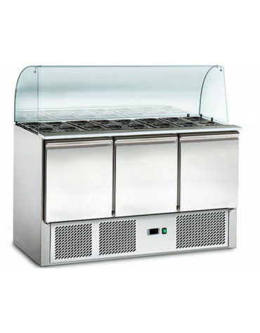 Saladette predisposta per 4 bacinelle GN1/1, con 3 porte e vetro curvo - L 1365 mm x P 700 mm x H 1300 mm