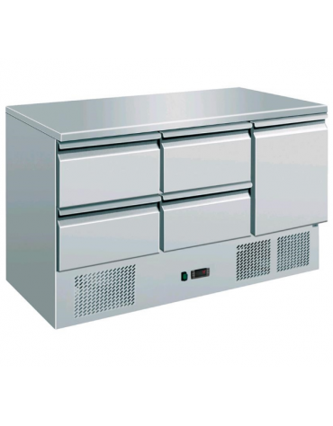 Saladette a refrigerazione statica, ( + 2° C/ + 8° C ), piano di lavoro in acciaio INOX, 1 porta e 4 cassetti - mm 1365x700x870h