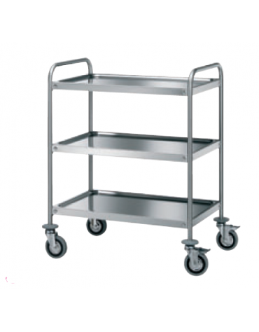 Carrello di servizio con 3 ripiani stampati - inox 18/10, tubo tondo - cm 89x69x103h - Portata kg 95