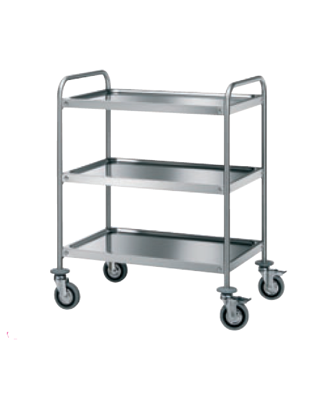 Carrello di servizio con 3 ripiani stampati - inox 18/10, tubo tondo - cm 128x68x102h