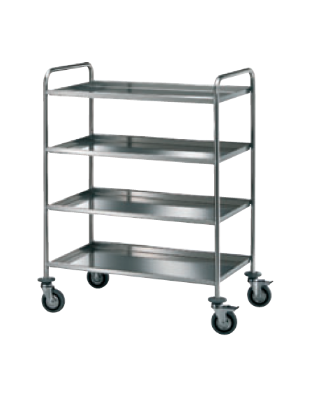 Carrello di servizio con 4 ripiani di piegatura inox 18/10, tubo tondo - cm 102x60x125h