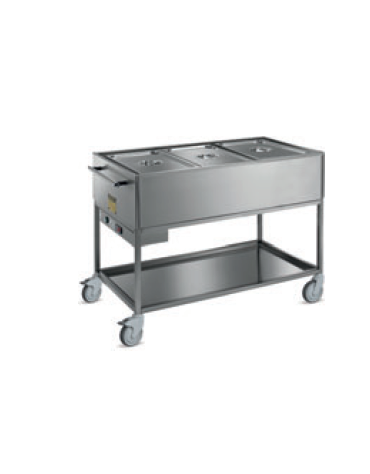 Carrello termico bagnomaria 3 vasche acciaio inox 18/10 AISI 304 con griglia di appoggio - GN 1/1 - cm 120x64x90h