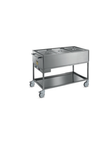 Carrello termico bagnomaria 3 vasche acciaio inox 18/10 AISI 304 con griglia di appoggio - GN 1/1 - cm 120x64x90h