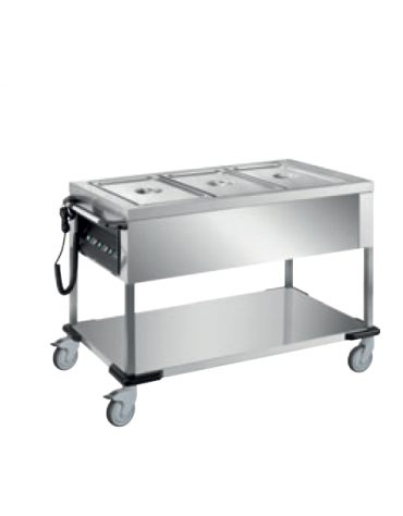 Carrello termico in acciaio inox 18/10 AISI 304 con 3 vasche separate - termostato meccanico - cm 120x64x90h