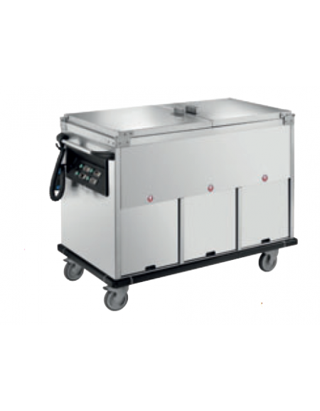 Carrello termico armadiato-vasca unica con coperchi a ribalta 2x1/1GN inox 18/10 AISI 304 - 2 vani riscaldati - cm 85x70x90h Carrello termico armadiato-vasca unica con coperchi a ribalta 2x1/1GN inox 18/10 AISI 304 - 2 vani riscaldati - cm 85x70x90h