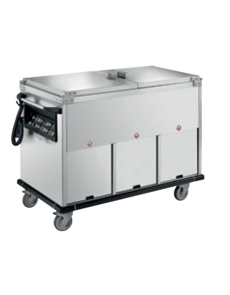 Carrello termico bagnomaria vasche separate in acciaio inox 18/10 AISI 304 - con coperchi a ribalta - 2xGN 1/1 - cm 85x70x90h Carrello termico bagnomaria vasche separate in acciaio inox 18/10 AISI 304 - con coperchi a ribalta - 2xGN 1/1 - cm 85x70x90h