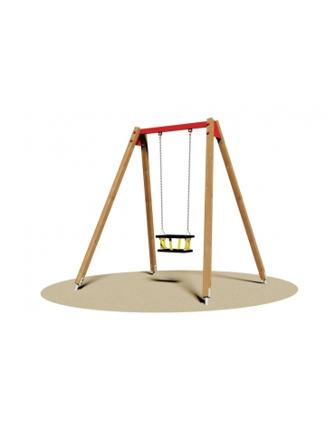 Altalena in legno 1 posto con trave superiore in acciaio e sedile a gabbia - da interrare o filo pavimento - cm 200x190x230h