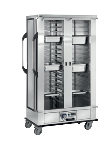 Carrello porta bacinelle versione riscaldata in acciaio inox 18/10 AISI 304 - suporto a "C"  28 bacinelle - cm 132x75x156h