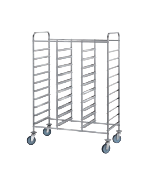 Carrello portavassoi in acciaio 18/10 AISI 304, tubo quadro 20x20 mm - 30 vassoi euronorm - cm 129x60x144h