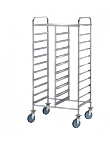 Carrello portavassoi acciaio 18/10 AISI 304, tubo quadro 20x20 mm - ripiano sup. e ringhierina - 20 vassoi GN - cm 80x60x154h