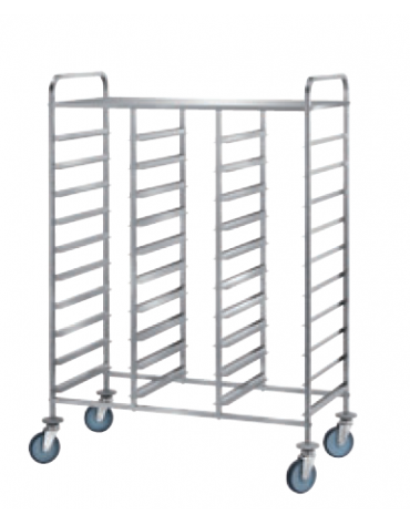 Carrello portavassoi acciaio 18/10 AISI 304, tubo quadro 20x20 mm - ripiano sup. e ringhierina - 30 vassoi EN - cm 129x60x154h