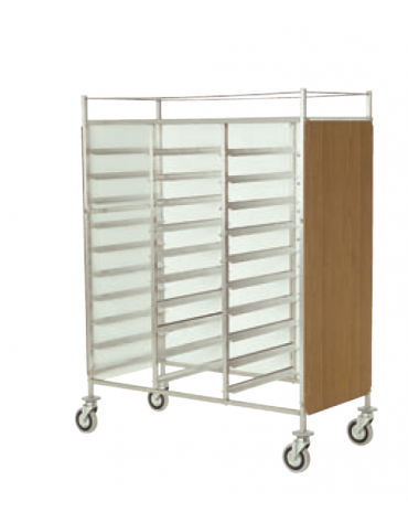Carrello portavassoi acciaio 18/10 AISI 304 - in laminato su 3 lati - ripiano superiore e ringhierina - 30 vassoi EN - cm 129x60