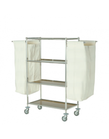 Carrello portabiancheria in acciaio inox 18/10 AISI 304 - 4 ripiani in laminato plastico - 2 sacchi in tela - cm 94x48x132h