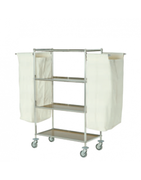 Carrello portabiancheria inox 18/10 AISI 304 - 4 ripiani in laminato plastico - 1 sacco in tela - 1 in PVC - cm 94x48x132h