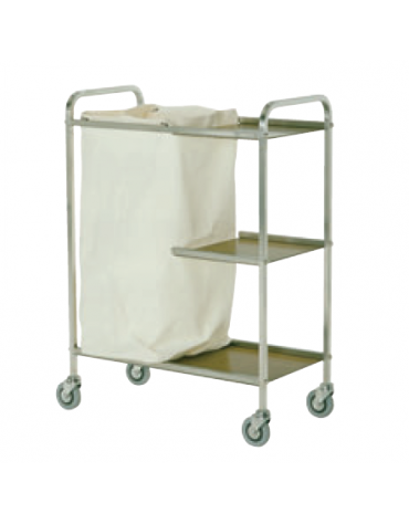 Carrello portabiancheria in acciaio inox 18/10 AISI 304 - 3 ripiani in laminato plastico - 1 sacco in tela - cm 76x40x104h