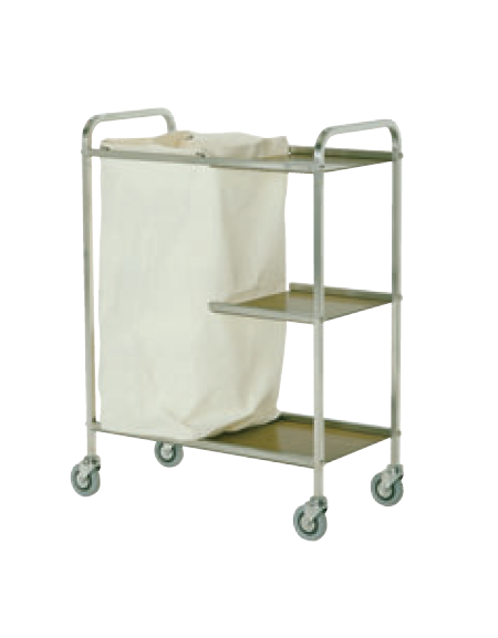 Carrello portabiancheria in acciaio inox 18/10 AISI 304 - 3 ripiani in laminato plastico - 1 sacco in tela - cm 76x40x104h