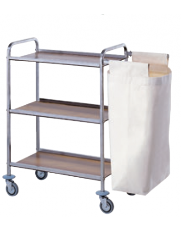 Carrello portabiancheria inox 18/10 AISI 304 - 3 ripiani in laminato plastico - 1 sacco in tela - 1 in PVC - cm 80x40x104h