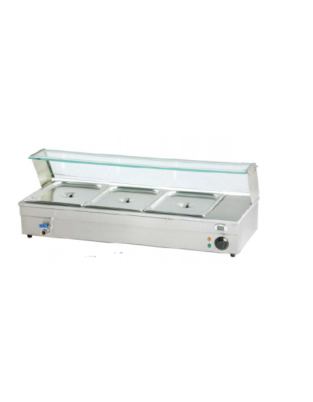 Espositore bagnomaria in acciaio inox con rubinetto - temperatura digitale max 90°C - 3 GN 1/3  - mm 685x365x330h