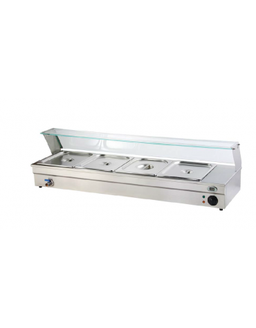 Espositore bagnomaria in acciaio inox con rubinetto - temperatura digitale max 90°C - 4xGN1/3 (incluse) - mm 862x365x330h