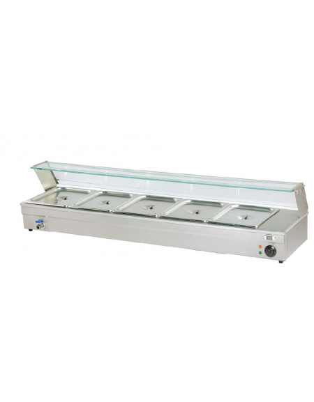 Espositore bagnomaria in acciaio inox con rubinetto - temperatura digitale max 90°C - 5xGN1/3 (incluse)  - mm 1039x365x330h