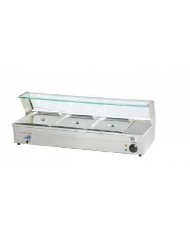 Espositore bagnomaria in acciaio inox con rubinetto - temperatura digitale max 90°C - 3xGN1/2 (incluse)  - mm 950x365x330h