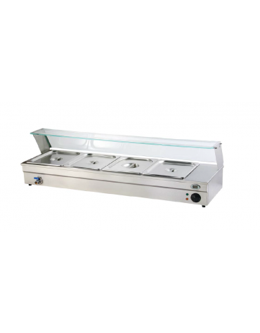 Espositore bagnomaria in acciaio inox con rubinetto - temperatura digitale max 90°C - 4xGN1/2 (incluse)  - mm 1215x365x330h