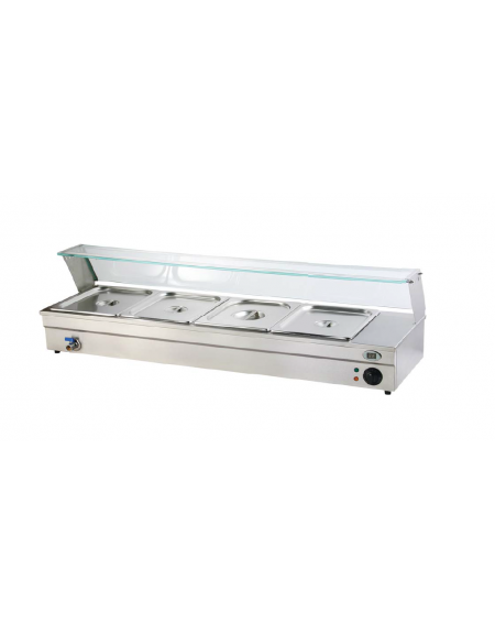 Espositore bagnomaria in acciaio inox con rubinetto - temperatura digitale max 90°C - 4xGN1/2 (incluse)  - mm 1215x365x330h