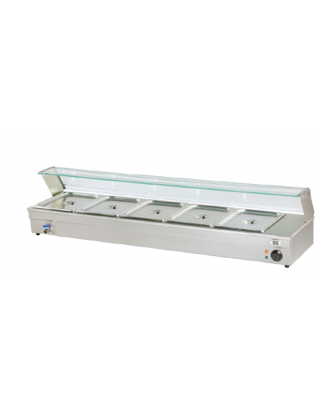 Espositore bagnomaria in acciaio inox con rubinetto - temperatura digitale max 90°C - 5xGN1/2 (incluse)  - mm 1485x365x330h