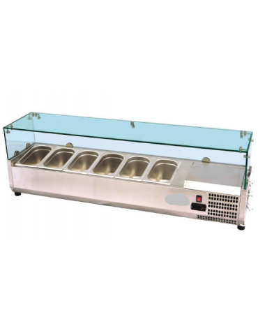 Vetrinetta refrigerata per pizzeria, in acciaio inox con vetri - predisposta per 7 bacinelle GN1/4 - mm 1600×335×430h