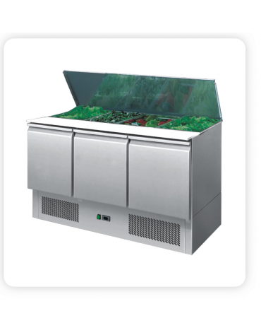 Saladette refrigerata in acciaio inox , 3 porte con 1 anta scorrevole, + 2° + 8°C - lt 380 - mm 1365×700×850h