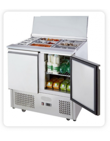 Saladette refrigerata in acciaio inox , 2 porte con 1 anta scorrevole, + 2° + 8°C - lt 380 - mm 900×700×850h