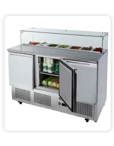 Saladette refrigerata inox per pizzeria top in marmo/vetro, 3 porte, 7 x GN1/3 , + 2° + 8°C - lt 570 - mm 1365×700×1095h