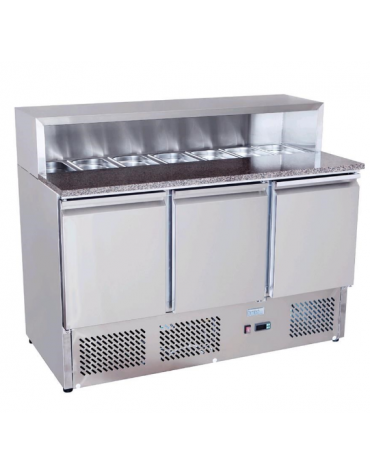 Saladette refrigerata R-600a  inox per pizzeria top in marmo, 3 porte, 5 x GN1/3 , + 2° + 8°C - lt 570 - mm 1365×700×1100h