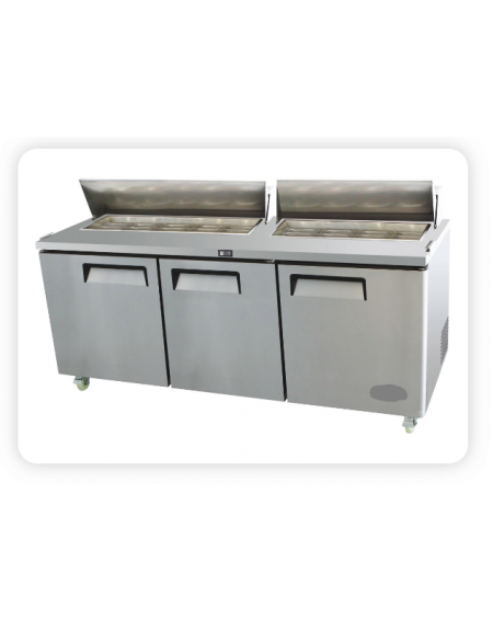 Saladette refrigerata per preparazione sandwich in acciaio inox, 3 porte, 18xGN1/6, +1+ 8°C - lt 930 - mm 1846×762.7×1109.2h Saladette refrigerata per preparazione sandwich in acciaio inox, 3 porte, 18xGN1/6, +1+ 8°C - lt 930 - mm 1846×762.7×1109.2h