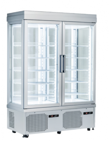 Vetrina Pasticceria no frost doppia temp., 4 lati in vetro  - 2 porte - 880 Lt. - temp. +5°-25°C/+5°-25°C - mm 1320x640x1930h