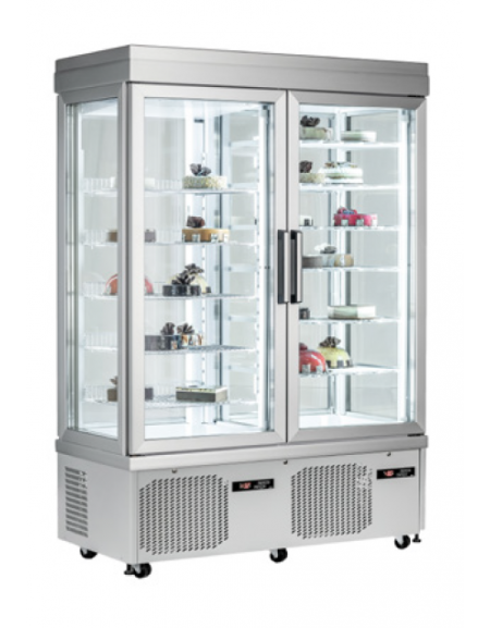 Vetrina Pasticceria no frost  doppia temp., 4 lati in vetro  - 2 porte - 880 Lt. - temp. -15°-25°C/+5°-25°C - mm 1320x640x1930h