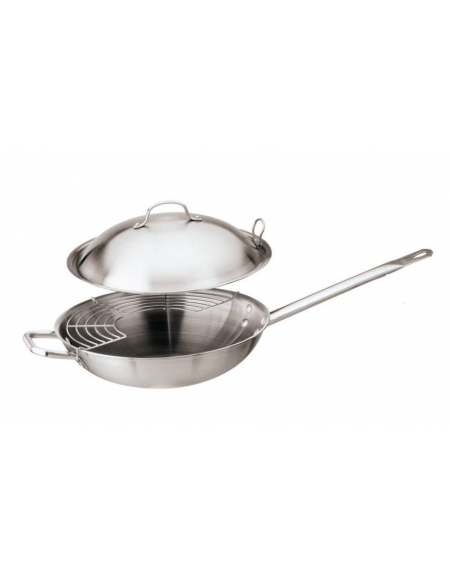 Padella Wok in acciaio inox con coperchio a cupola - Ø cm 32 - h cm 8 